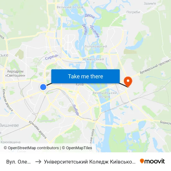 Вул. Олекси Тихого to Університетський Коледж Київського Університету Ім. Б. Грінченка map