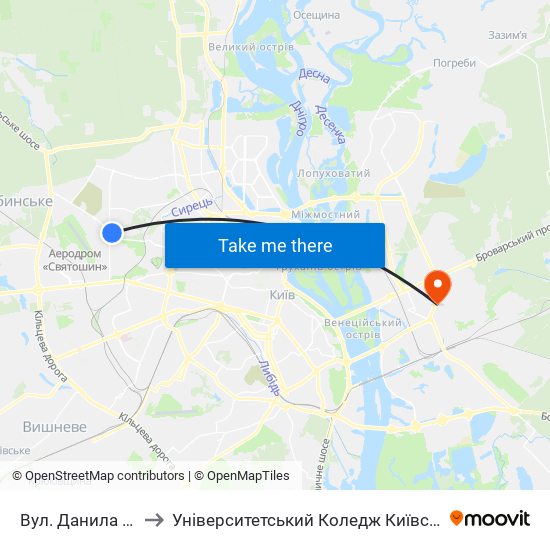 Вул. Данила Щербаківського to Університетський Коледж Київського Університету Ім. Б. Грінченка map