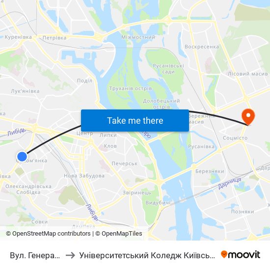 Вул. Генерала Воробйова to Університетський Коледж Київського Університету Ім. Б. Грінченка map
