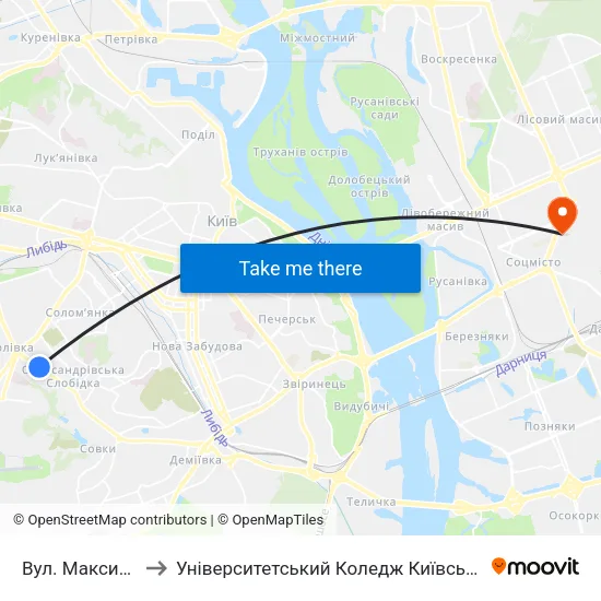 Вул. Максима Кривоноса to Університетський Коледж Київського Університету Ім. Б. Грінченка map