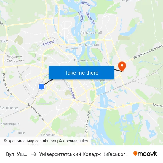 Вул. Ушинського to Університетський Коледж Київського Університету Ім. Б. Грінченка map