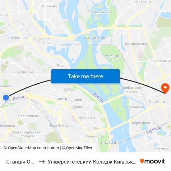 Станція Олекси Тихого to Університетський Коледж Київського Університету Ім. Б. Грінченка map