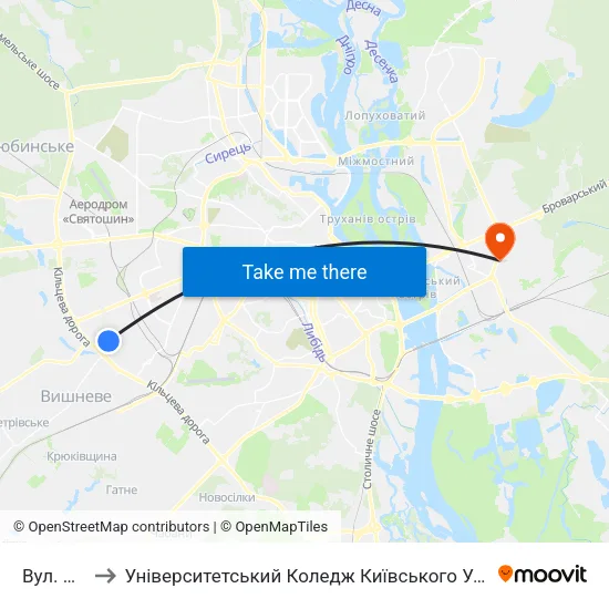 Вул. Зодчих to Університетський Коледж Київського Університету Ім. Б. Грінченка map