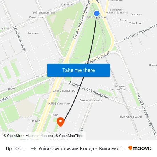 Пр. Юрія Гагаріна to Університетський Коледж Київського Університету Ім. Б. Грінченка map