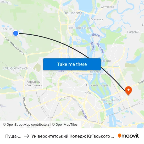 Пуща-Водиця to Університетський Коледж Київського Університету Ім. Б. Грінченка map