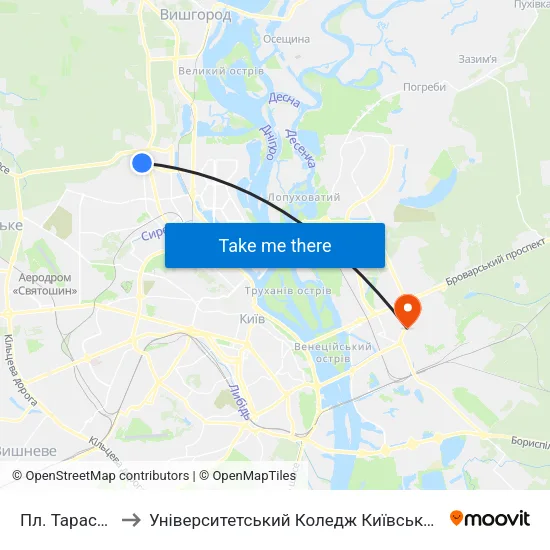 Пл. Тараса Шевченка to Університетський Коледж Київського Університету Ім. Б. Грінченка map