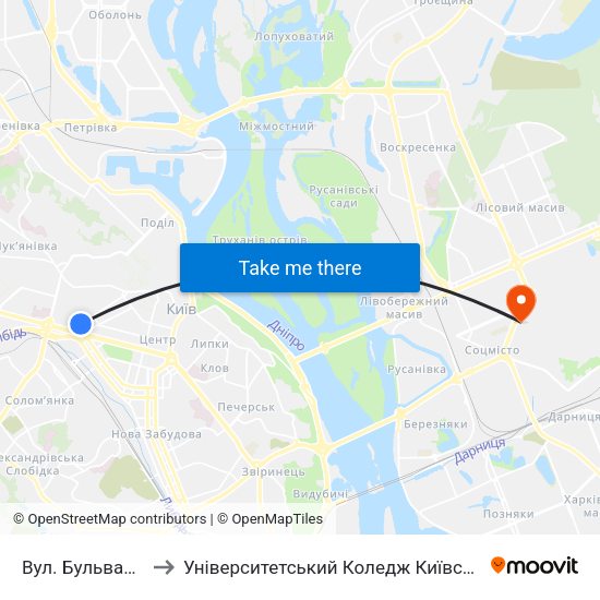 Вул. Бульварно-Кудрявська to Університетський Коледж Київського Університету Ім. Б. Грінченка map