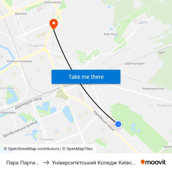 Парк Партизанської Слави to Університетський Коледж Київського Університету Ім. Б. Грінченка map
