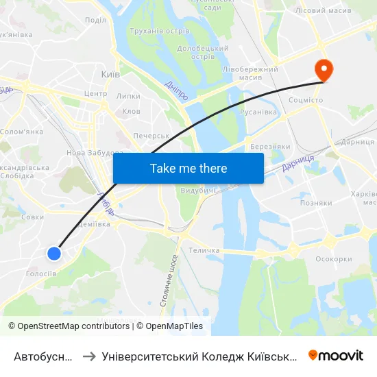 Автобусний Парк №1 to Університетський Коледж Київського Університету Ім. Б. Грінченка map