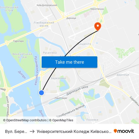 Вул. Березняківська to Університетський Коледж Київського Університету Ім. Б. Грінченка map