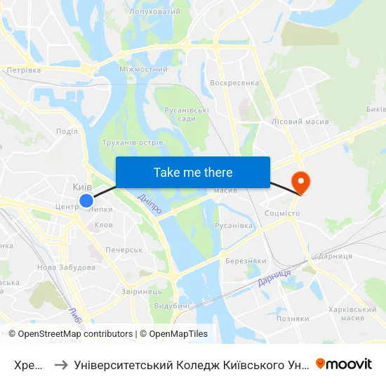 Хрещатик to Університетський Коледж Київського Університету Ім. Б. Грінченка map