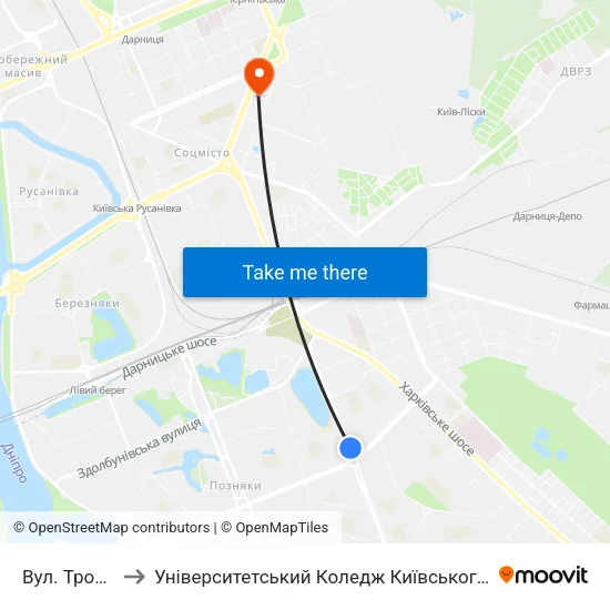 Вул. Тростянецька to Університетський Коледж Київського Університету Ім. Б. Грінченка map