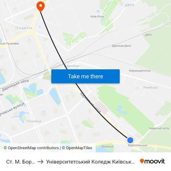 Ст. М. Бориспільська to Університетський Коледж Київського Університету Ім. Б. Грінченка map