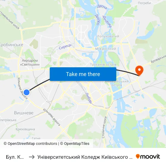 Бул. Кольцова to Університетський Коледж Київського Університету Ім. Б. Грінченка map