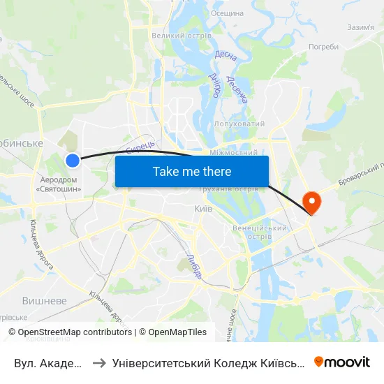 Вул. Академіка Туполєва to Університетський Коледж Київського Університету Ім. Б. Грінченка map