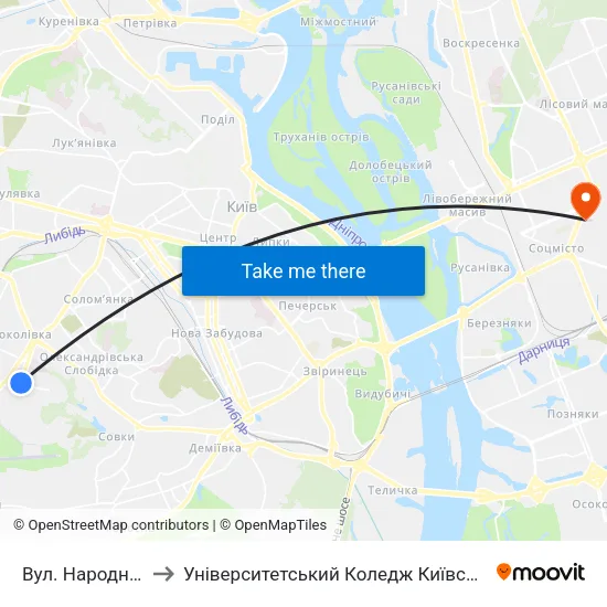 Вул. Народного Ополчення to Університетський Коледж Київського Університету Ім. Б. Грінченка map