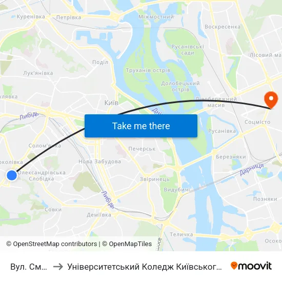 Вул. Смілянська to Університетський Коледж Київського Університету Ім. Б. Грінченка map