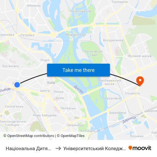 Національна Дитяча Клінічна Лікарня ""Охматдит"" to Університетський Коледж Київського Університету Ім. Б. Грінченка map