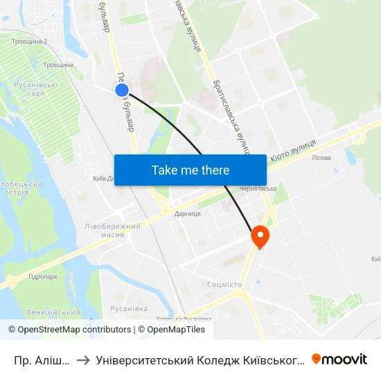 Пр. Алішера Навої to Університетський Коледж Київського Університету Ім. Б. Грінченка map