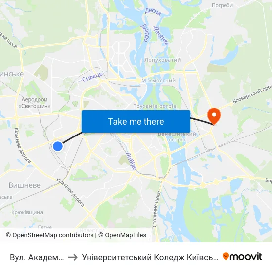 Вул. Академіка Білецького to Університетський Коледж Київського Університету Ім. Б. Грінченка map