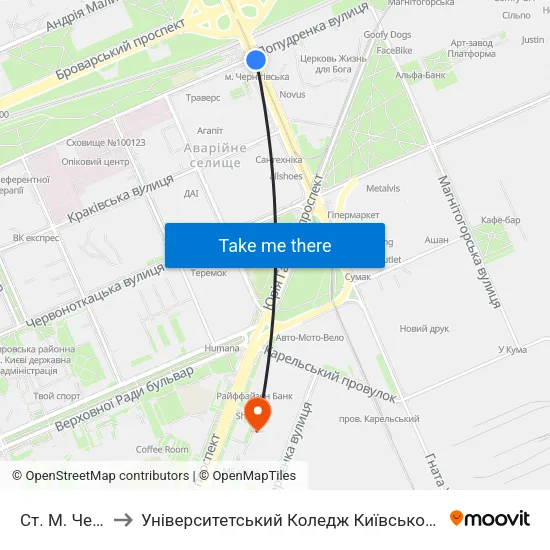 Ст. М. Чернігівська to Університетський Коледж Київського Університету Ім. Б. Грінченка map