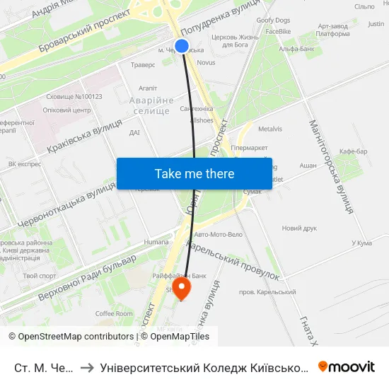 Ст. М. Чернігівська to Університетський Коледж Київського Університету Ім. Б. Грінченка map