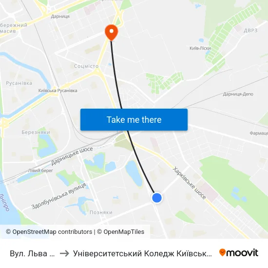 Вул. Льва Ревуцького to Університетський Коледж Київського Університету Ім. Б. Грінченка map