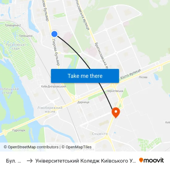 Бул. Перова to Університетський Коледж Київського Університету Ім. Б. Грінченка map