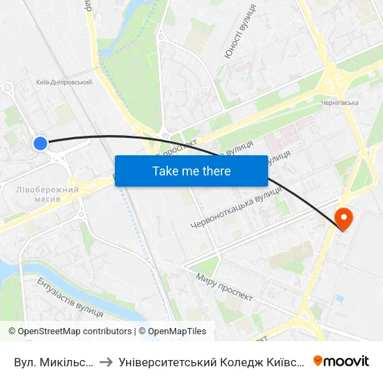 Вул. Микільсько-Слобідська to Університетський Коледж Київського Університету Ім. Б. Грінченка map