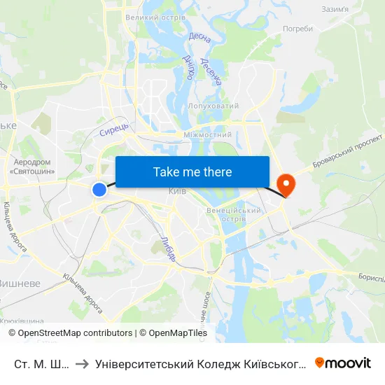 Ст. М. Шулявська to Університетський Коледж Київського Університету Ім. Б. Грінченка map