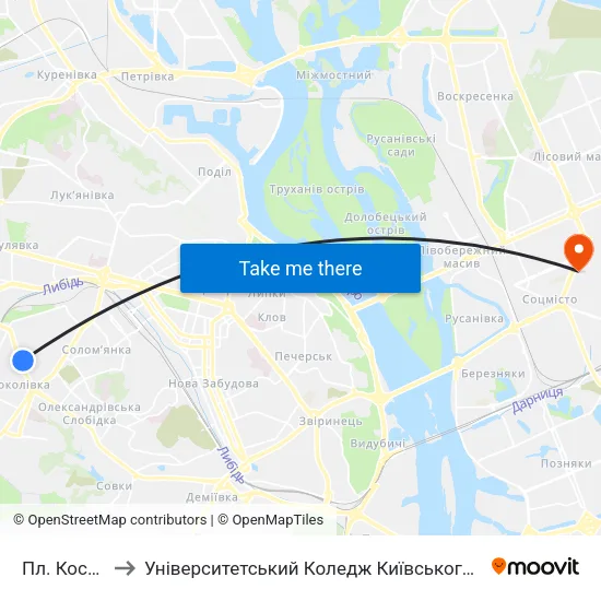 Пл. Космонавтів to Університетський Коледж Київського Університету Ім. Б. Грінченка map