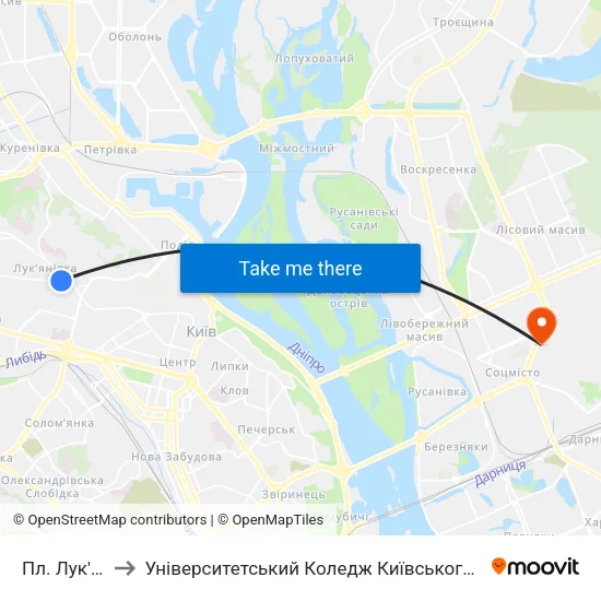 Пл. Лук'Янівська to Університетський Коледж Київського Університету Ім. Б. Грінченка map
