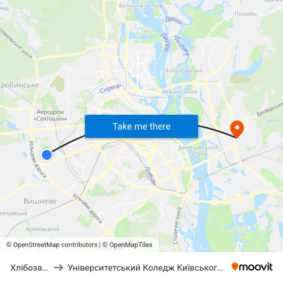 Хлібозавод №12 to Університетський Коледж Київського Університету Ім. Б. Грінченка map