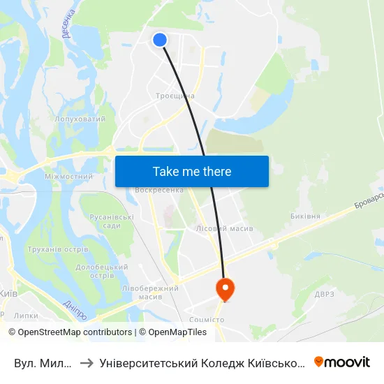 Вул. Милославська to Університетський Коледж Київського Університету Ім. Б. Грінченка map