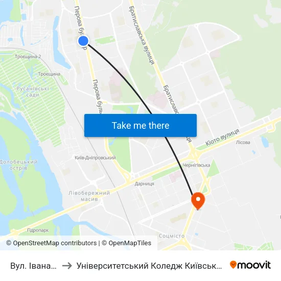 Вул. Івана Микитенка to Університетський Коледж Київського Університету Ім. Б. Грінченка map
