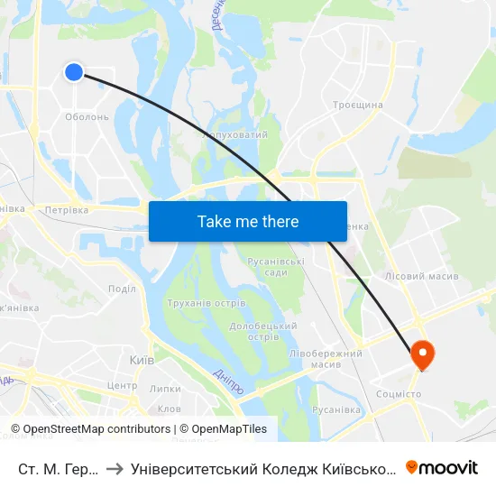 Ст. М. Героїв Дніпра to Університетський Коледж Київського Університету Ім. Б. Грінченка map