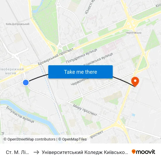 Ст. М. Лівобережна to Університетський Коледж Київського Університету Ім. Б. Грінченка map