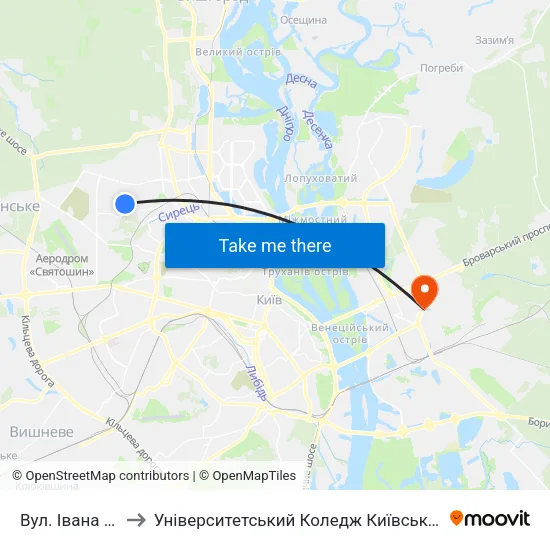 Вул. Івана Кавалерідзе to Університетський Коледж Київського Університету Ім. Б. Грінченка map