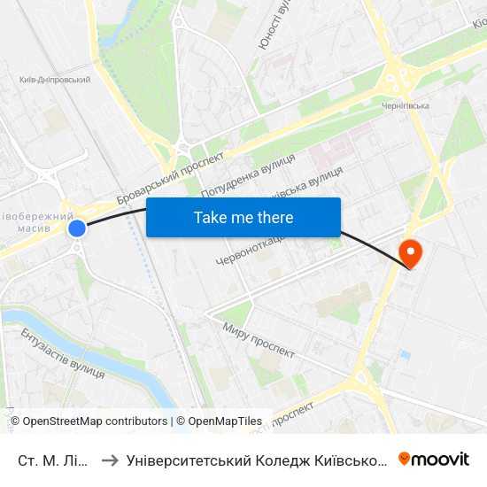 Ст. М. Лівобережна to Університетський Коледж Київського Університету Ім. Б. Грінченка map