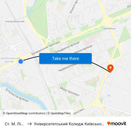 Ст. М. Лівобережна to Університетський Коледж Київського Університету Ім. Б. Грінченка map