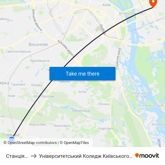 Станція Глеваха to Університетський Коледж Київського Університету Ім. Б. Грінченка map