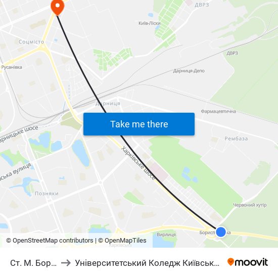 Ст. М. Бориспільська to Університетський Коледж Київського Університету Ім. Б. Грінченка map