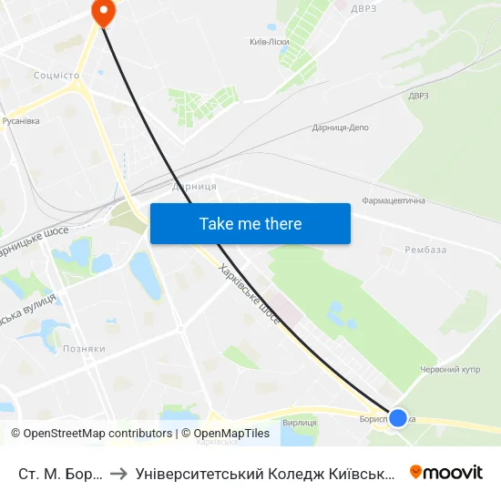 Ст. М. Бориспільська to Університетський Коледж Київського Університету Ім. Б. Грінченка map