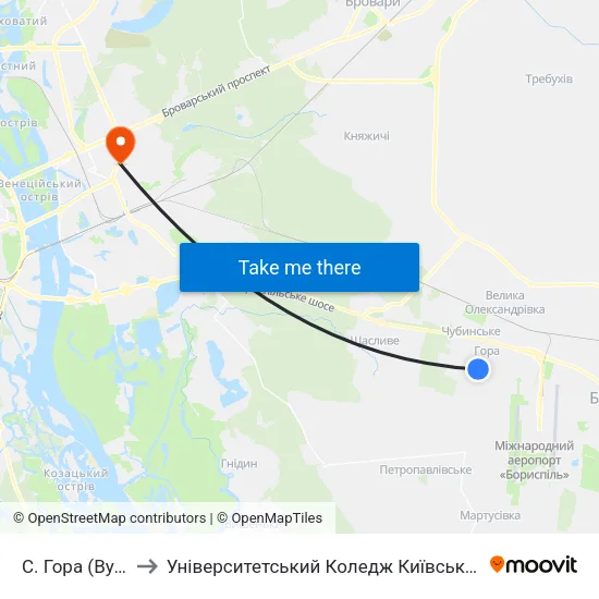 С. Гора (Вул. Вишнева) to Університетський Коледж Київського Університету Ім. Б. Грінченка map