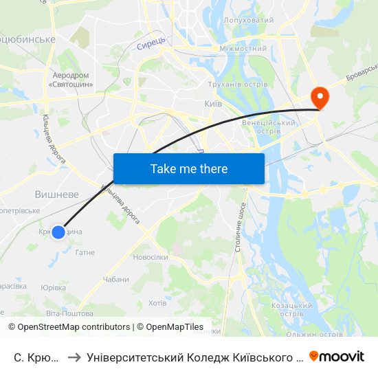 С. Крюківщина to Університетський Коледж Київського Університету Ім. Б. Грінченка map