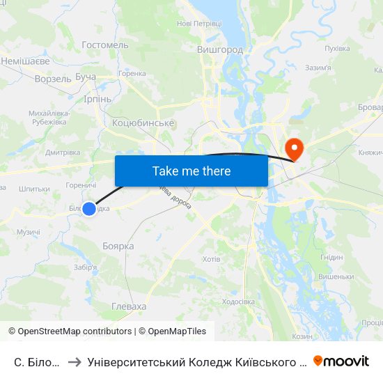 С. Білогородка to Університетський Коледж Київського Університету Ім. Б. Грінченка map