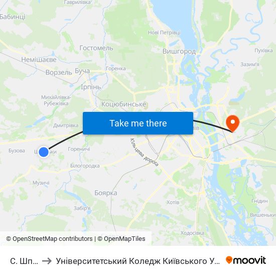 С. Шпитьки to Університетський Коледж Київського Університету Ім. Б. Грінченка map