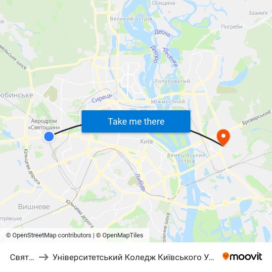 Святошин to Університетський Коледж Київського Університету Ім. Б. Грінченка map