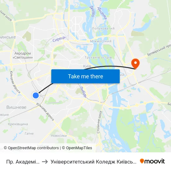 Пр. Академіка Корольова to Університетський Коледж Київського Університету Ім. Б. Грінченка map