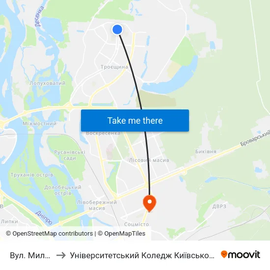 Вул. Милославська to Університетський Коледж Київського Університету Ім. Б. Грінченка map